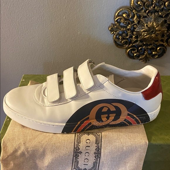 💚🤍❤️Gucci Ace Interlocking GG Leather 3 Strap  Flat Sneakers Shoes White size:10 - Picture 5 of 16